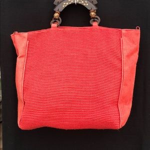 Large Red Jute Beach Tote with Wooden Handle
